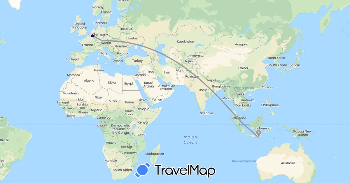 TravelMap itinerary: driving, plane in Belgium, Germany, Indonesia, Singapore (Asia, Europe)